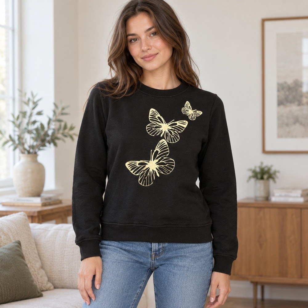 Sassafras Women Small Black Gold Butterfly Graphic Pullover Sweatshirt Cotton